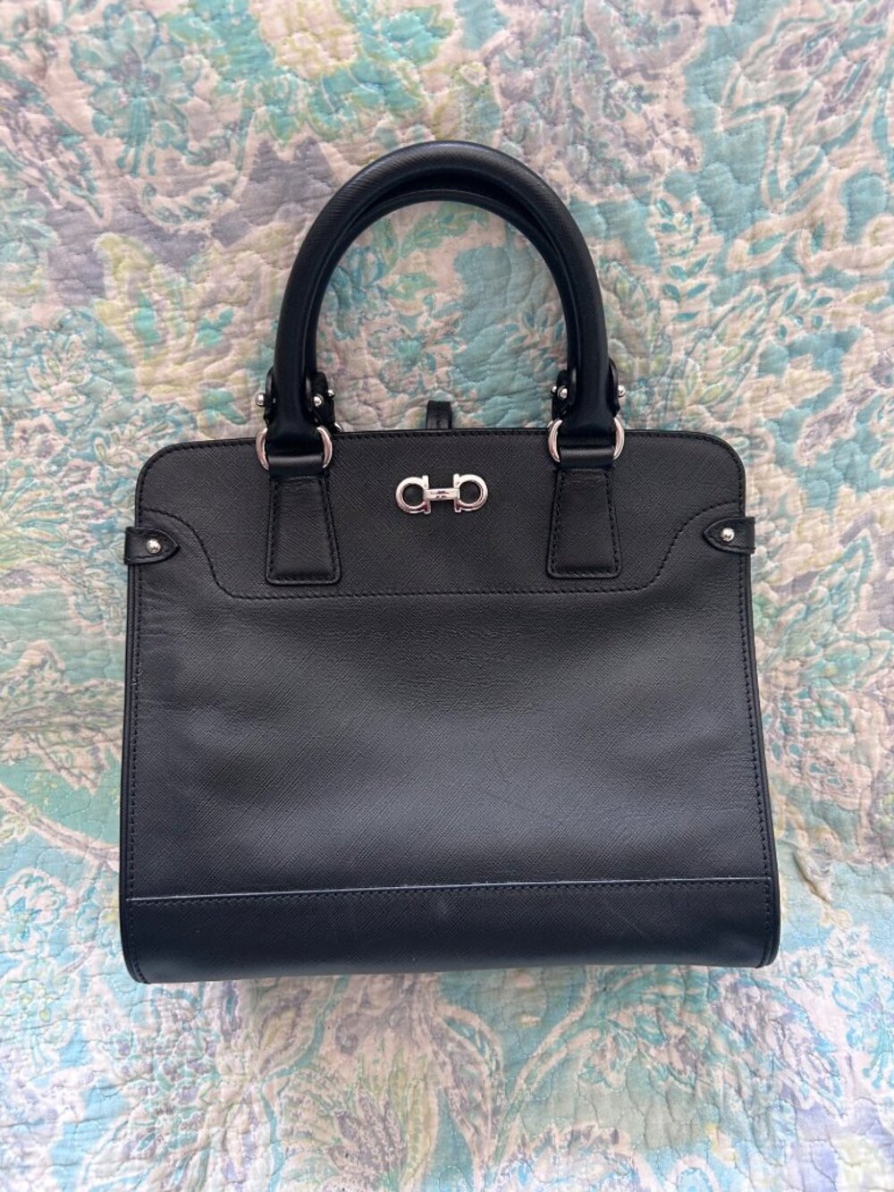 Salvatore Ferragamo Black Leather Gancini Structured Satchel Handbag Made Italy